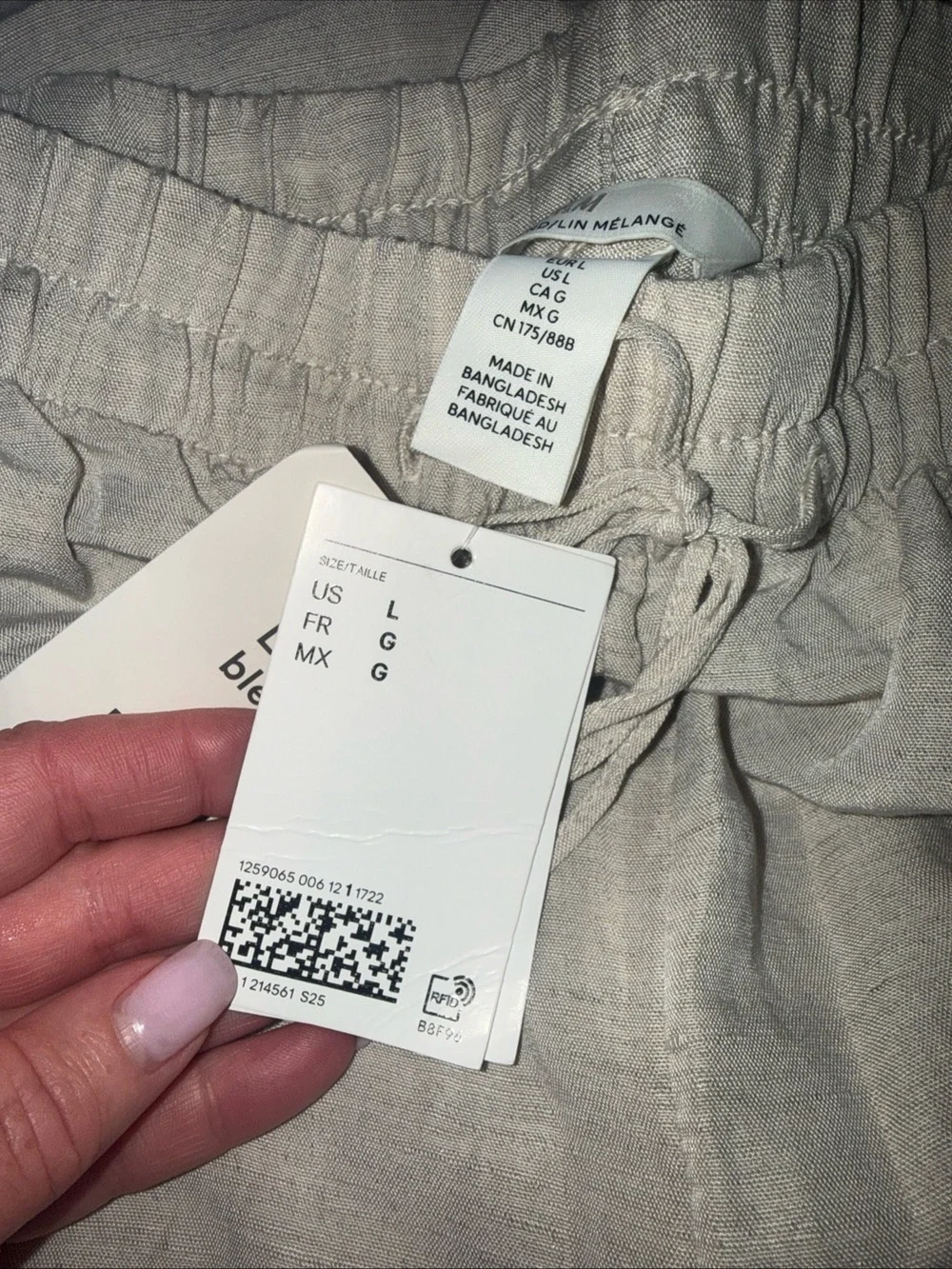 H&M Womens Large Light Beige Linen-Blend Elastic Waist Straight Leg Pants NWT